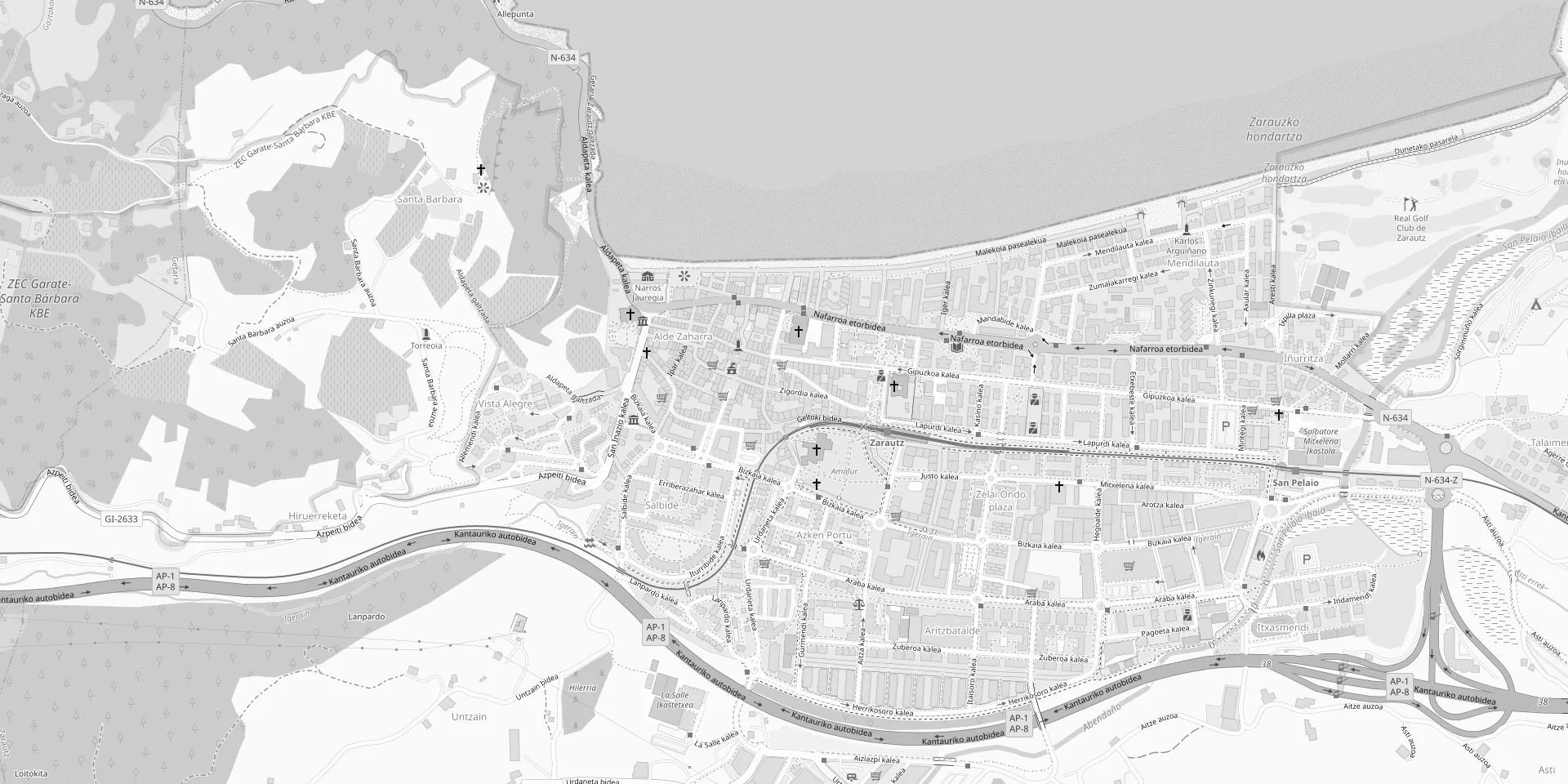 Plano de Zarautz. El Hotel Zerupe está en Zigordia kalea 24, junto al casco antiguo y a unos 300 metros de la playa de Zarautz.